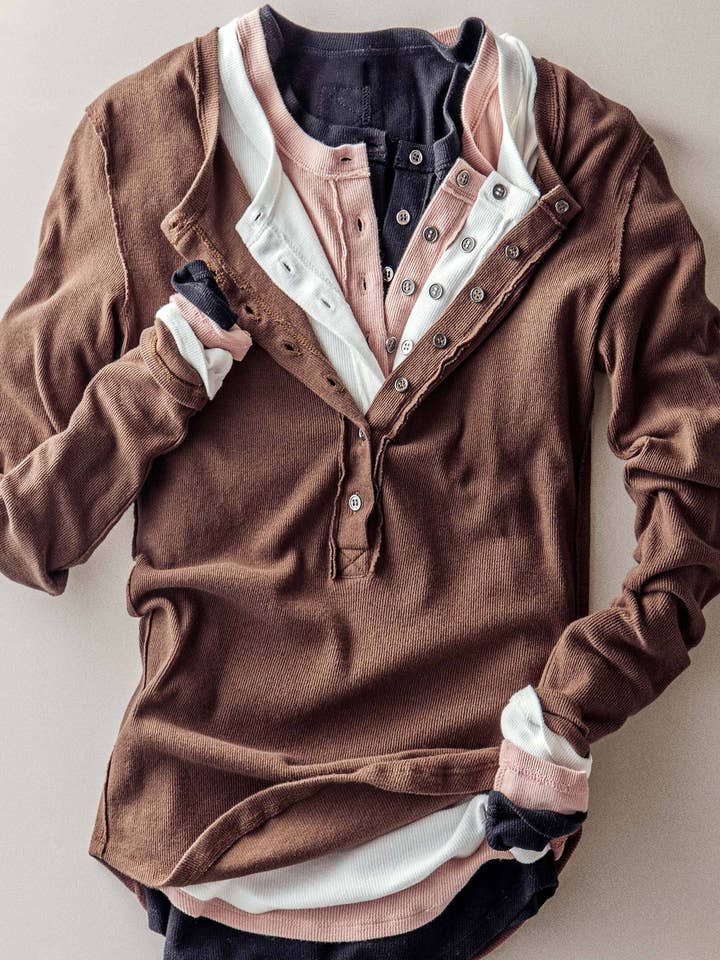 Ribbed Henley Long Sleeve Top for wholesale by Urban Daizy