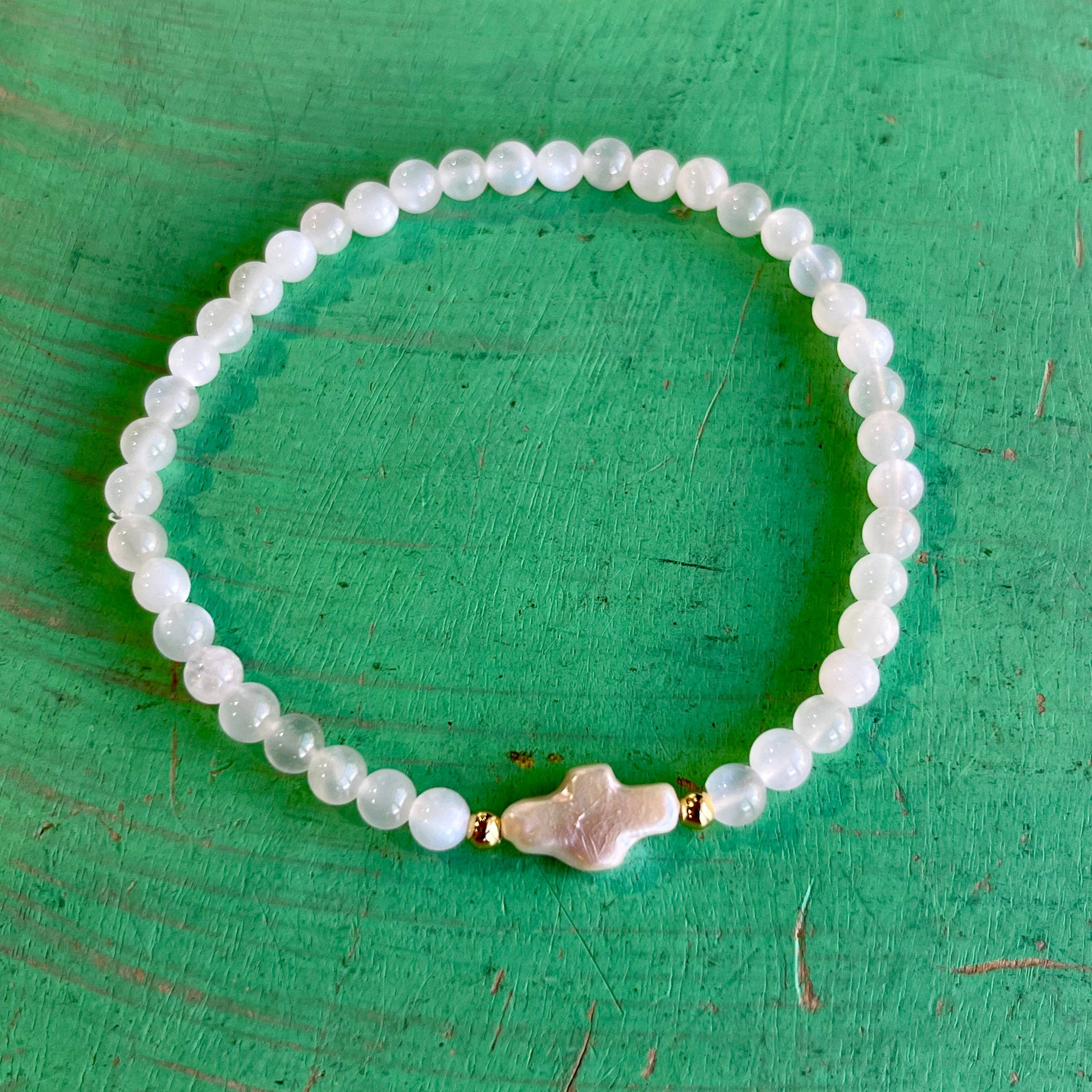 Love and Honor Jesus LLC - Wholesale Beaded Bracelet - Natural Stone Freshwater Pearl Cross Bracelet0