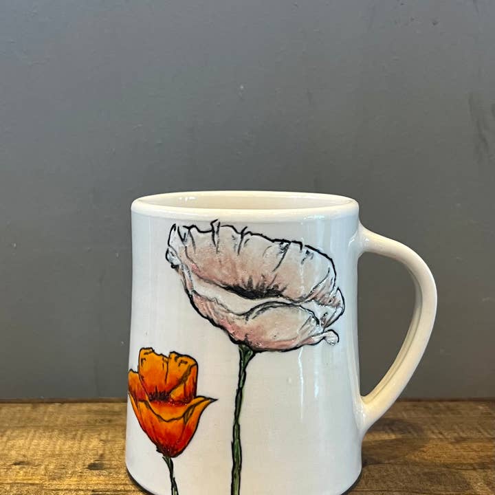 Lucy Nilan Studios - Wholesale Coffee Mug - Poppies Handmade Porcelain Coffee Mug in White2