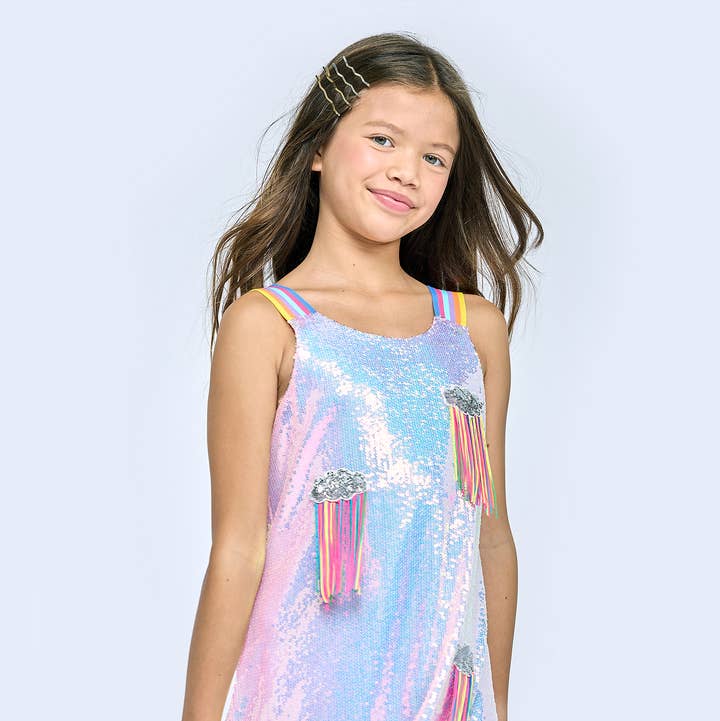 A LINE SEQUIN DRESS WITH COLORFUL STRAPS AND FRINGE DETAIL for wholesale by Hannah Banana , Baby Sara