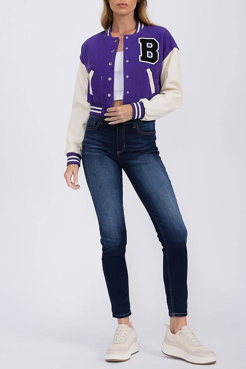 ROUSSEAU - Wholesale Varsity/Baseball Jacket - Women's - PLEATHER SLEEVE BUTTON CLOSURE VARSITY JACKET7