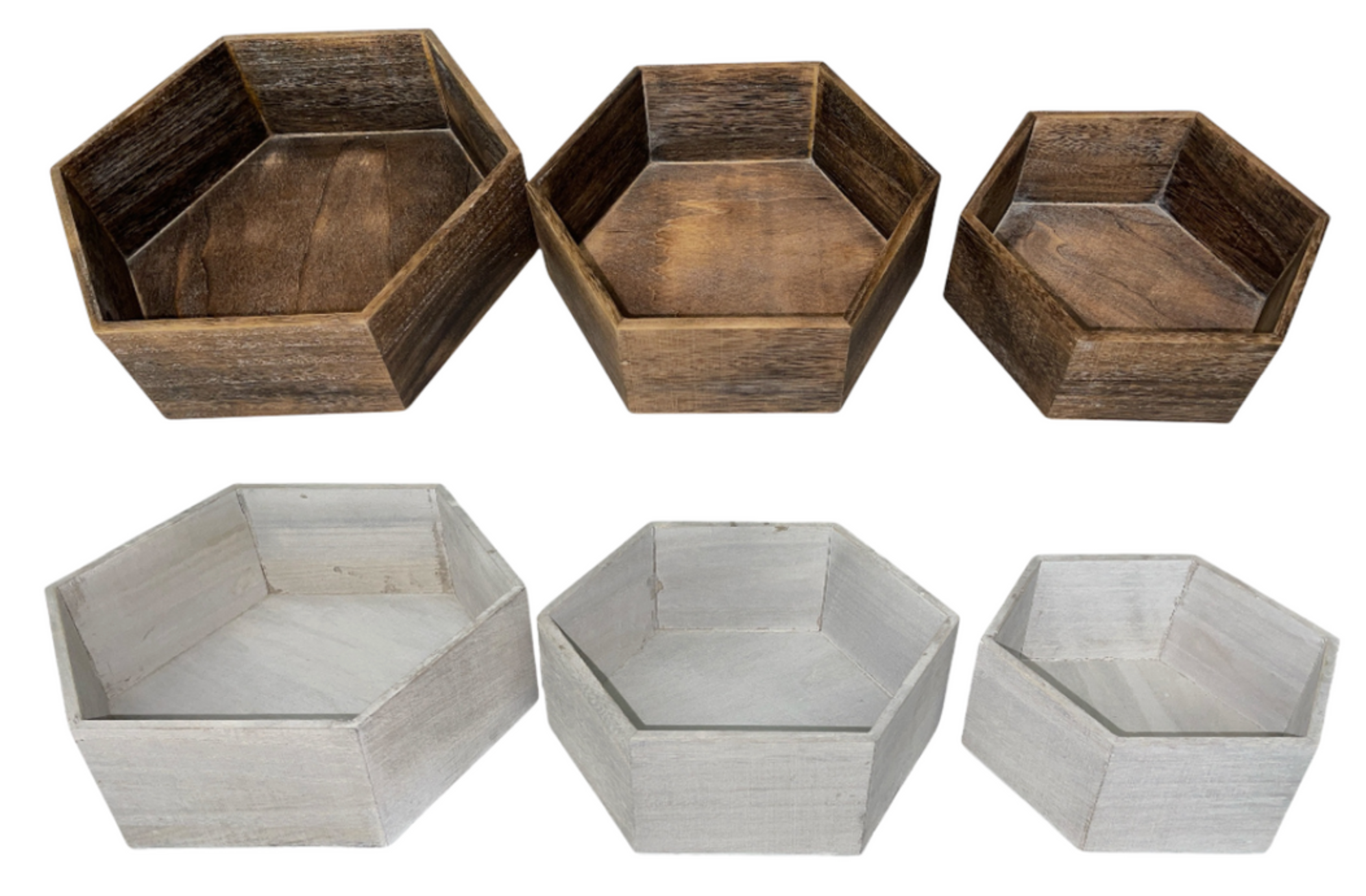 Thompson Wholesale - Wholesale Plant Pot - Natural & Gray Hexagon Washed Wood Pots -- 12 Piece Set0