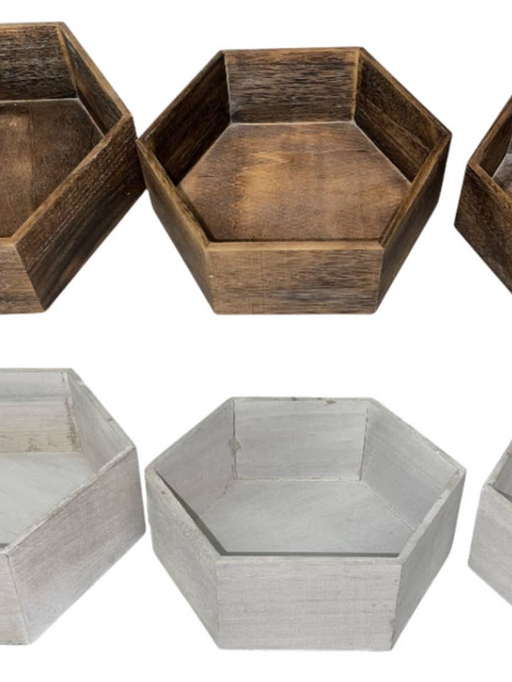 Ensemble de 12 pots en bois lavé hexagonaux naturels et gris pour la vente par Thompson Wholesale