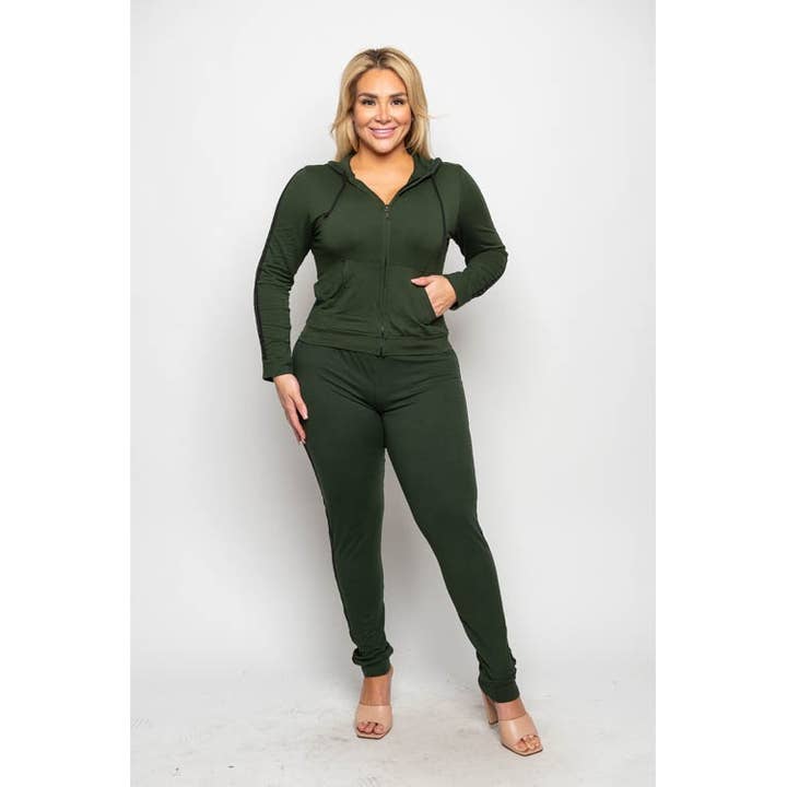 ENSEMBLE ASSORTI À CAPUCHE ET PANTALON ZIPPÉS À RAYURES LATÉRALES DE GRANDE TAILLE pour la vente par Curve Market