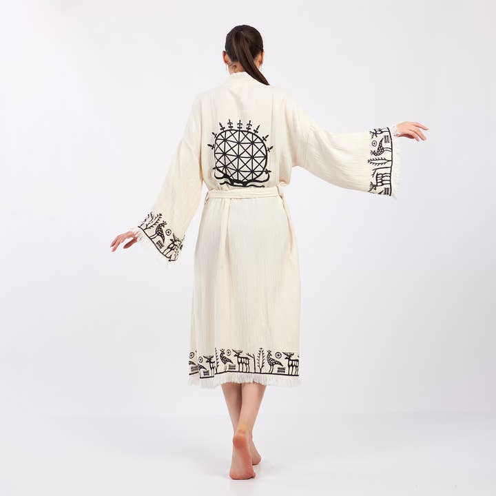 Yaz Concepts - Wholesale Kimono - Women's - Turkish Organic Primitive Pattern Cotton White Kimono Robe