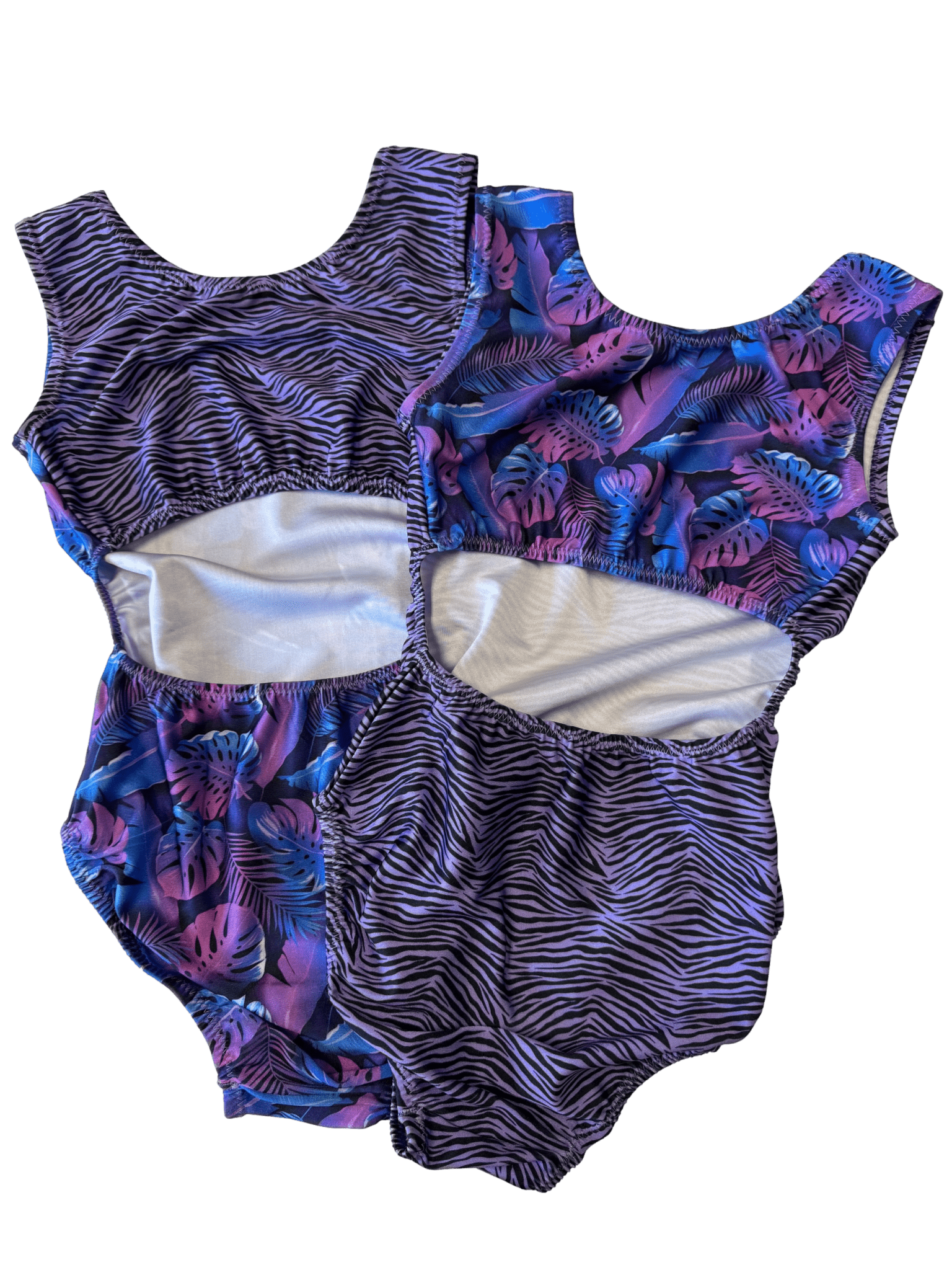 Foxy's Leotards - Venta al por mayor Leotardos - Niños - Maillot de gimnasia cebra púrpura con palmeras - Vice Versa Foxy's Leotards3