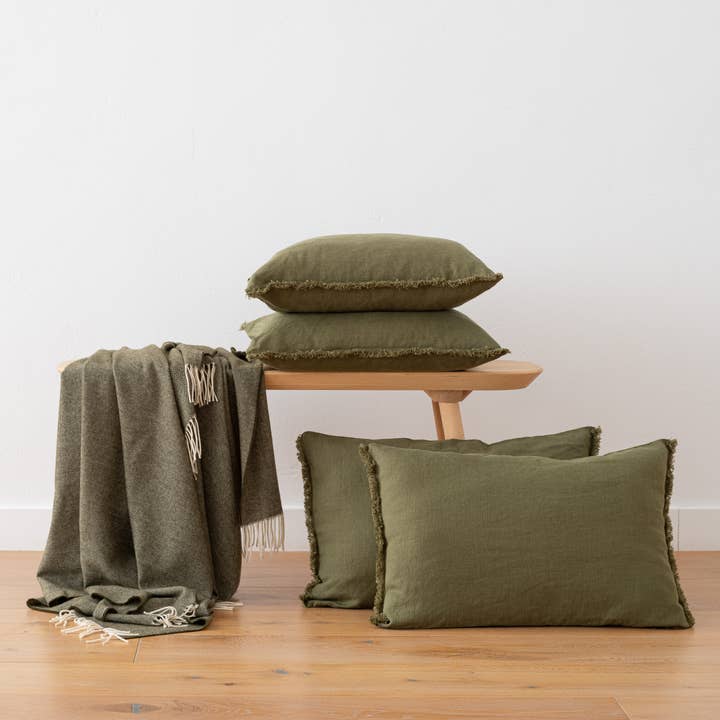 LinenMe - Wholesale Throw Pillow Cover - Linen Cushion Cover Olive Green Terra Fringe