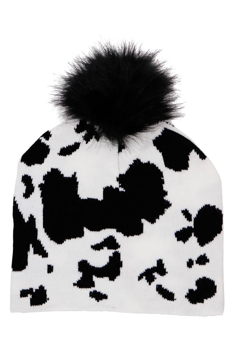 Cap Zone – wholesale Beanie – Women's – Cow Print Shaggy Faux Fur Pom Pom Short Beanie3