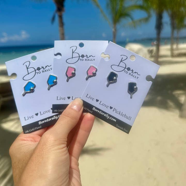 Pendientes Pickleball Paddle, azules, rosas, morados y negros para venta al por mayor de Born to Rally