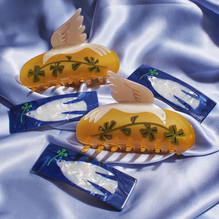 WINONA IRENE - Vente Pince à cheveux – femme - Pince à cheveux en acétate White Dove and Lucky Four Leaf Clover XL4