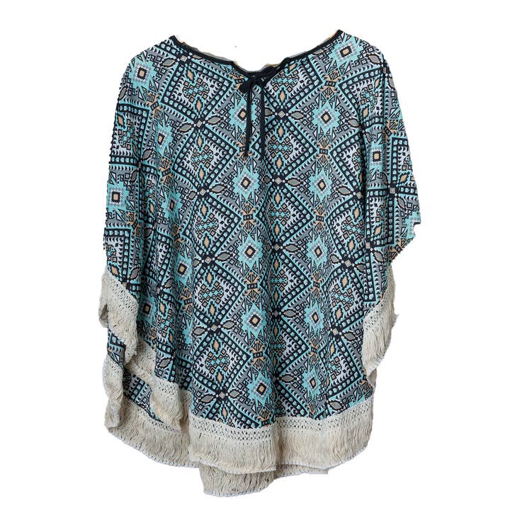 Chloe & Lex - Wholesale Poncho - Women's - Summer Fringed Poncho – Geometric Print Fringy Edge