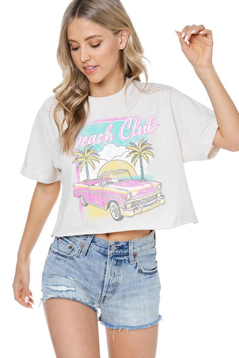 Zutter - Wholesale Screen Printed T-Shirt - Women's - Beach Club Vintage Graphic S/S Faux Cropped Tee6