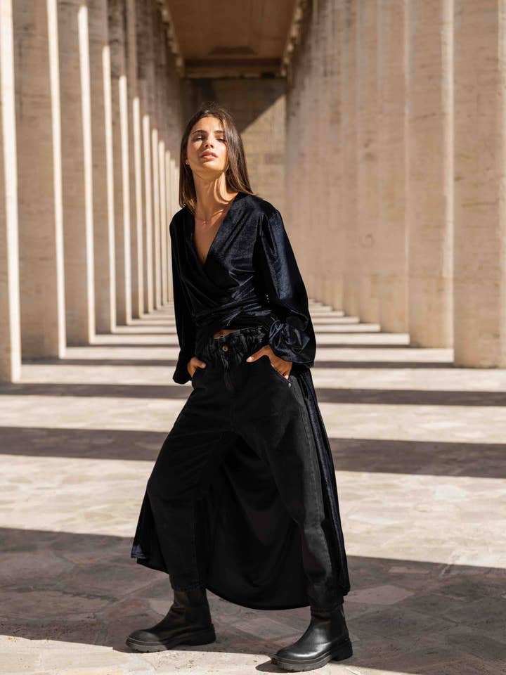 Zwarte fluwelen kimono jurk voor wholesale door Halapage