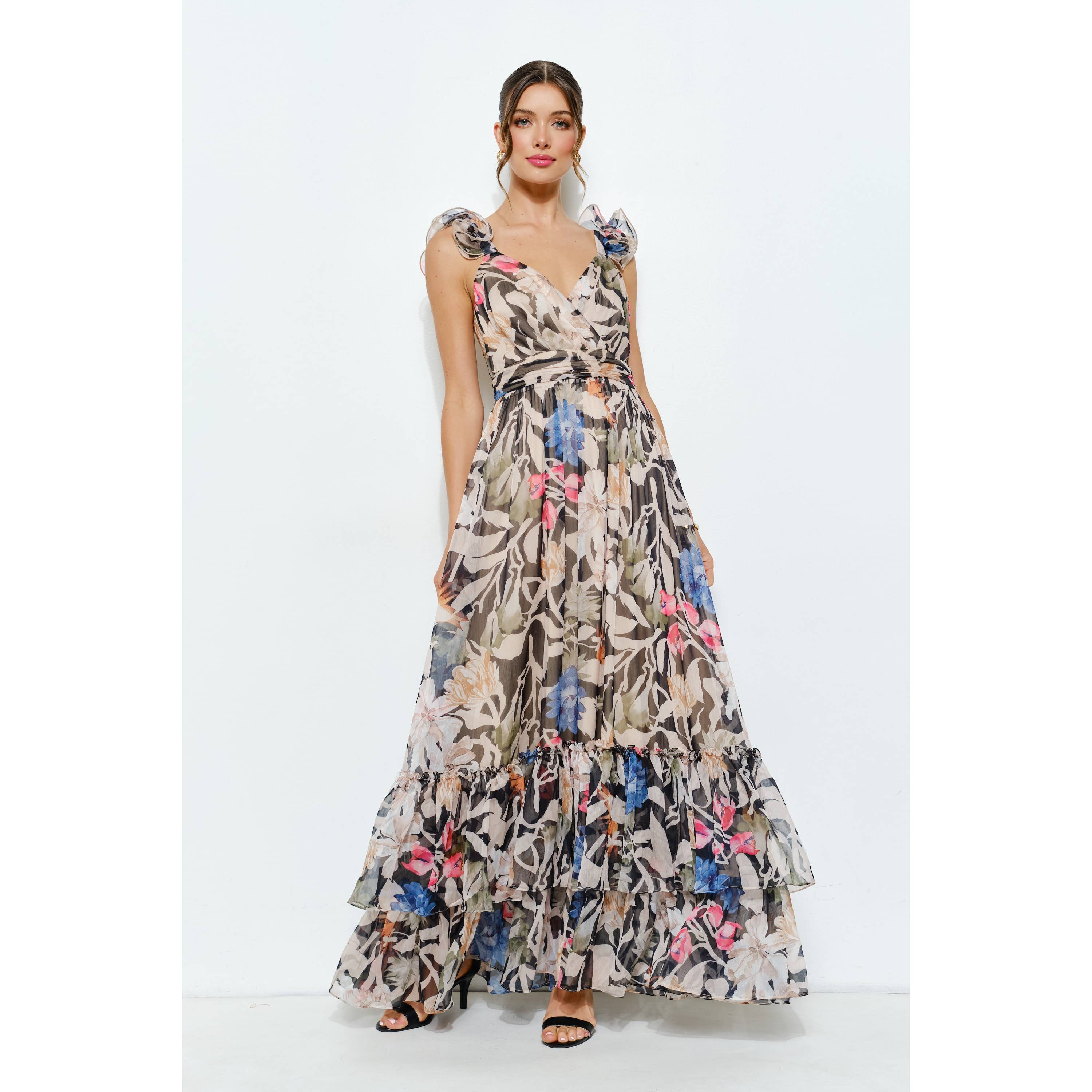 INA - Vendita all'ingrosso Vestito - Donna - Abito lungo a balze in chiffon floreale con spalle arricciate8