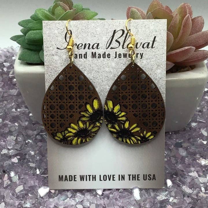 Boho Rattan & Sun Flower Wooden Hand Painted Earrings for wholesale by Irena Blavat Designs