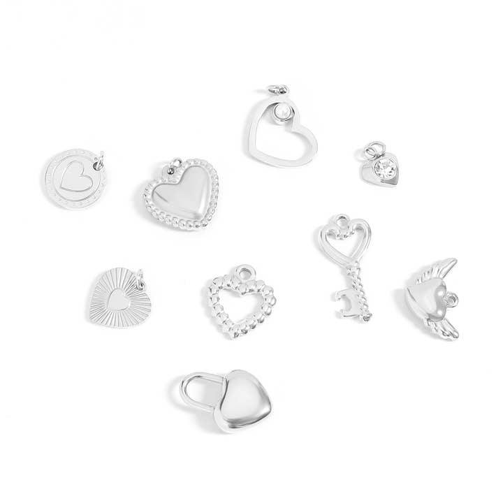 WJW – wholesale Individual charm/pendant – (9pc) 18K Gold PVD Stainless Steel Heart Charm Set4
