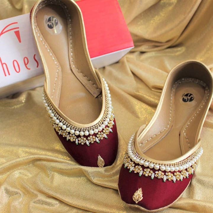 Roja Belleza Red Ballet Flat Shoes with White Pearl Embellishments for wholesale by Qhareed