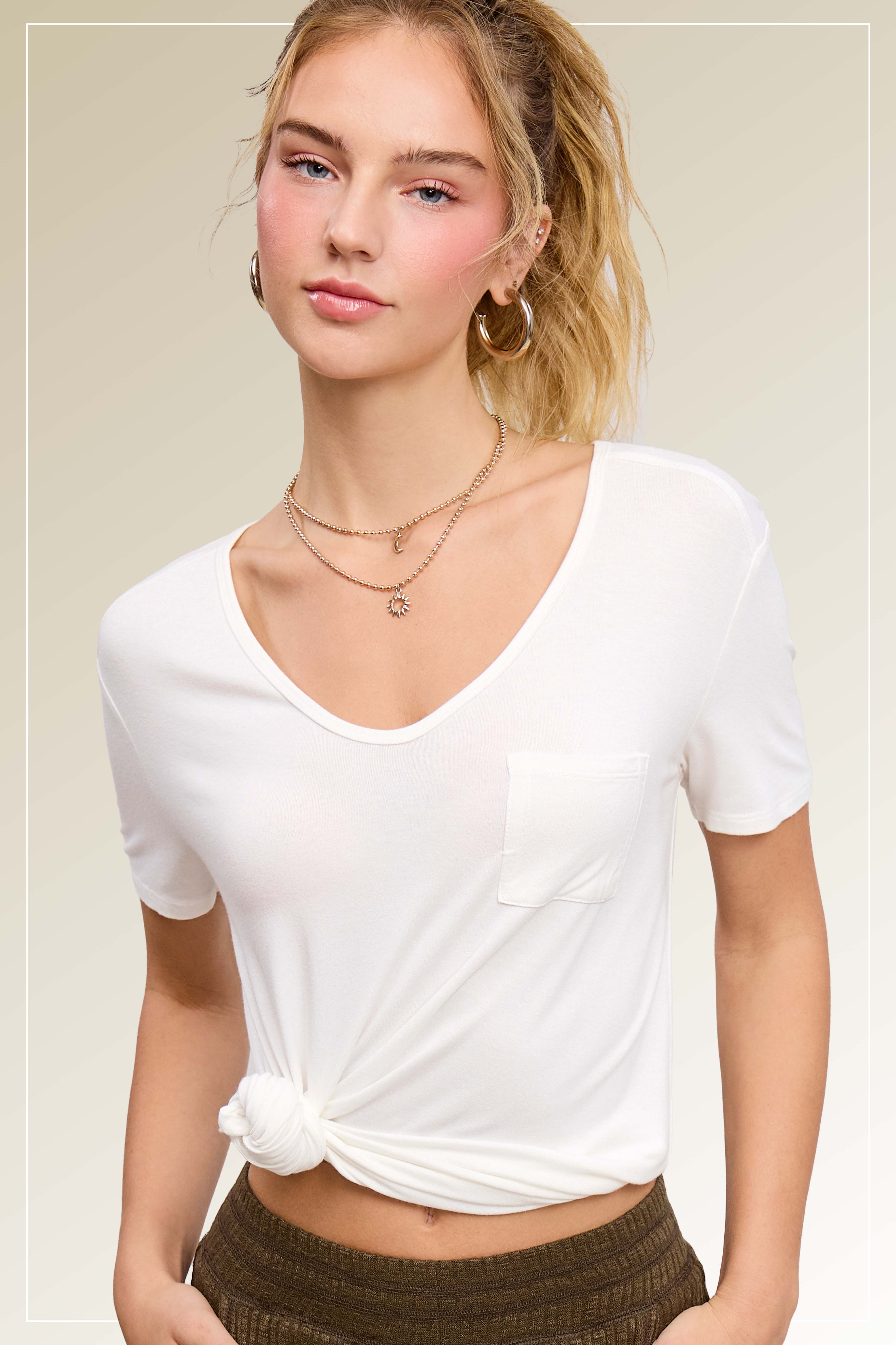 La Miel – T-shirt – Mulher por atacado – HUT7182-Camisola Básica de Manga Curta com Bolso Frontal Super Macio4