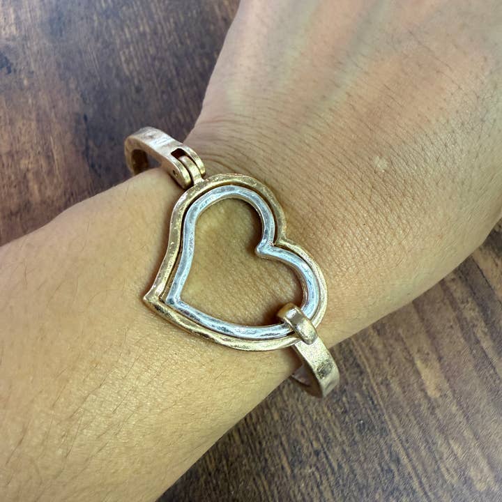 Paco Designs - Wholesale Cuff Bracelet - Mixed Metal Heart Cuff Bracelet -Silver/Gold 1