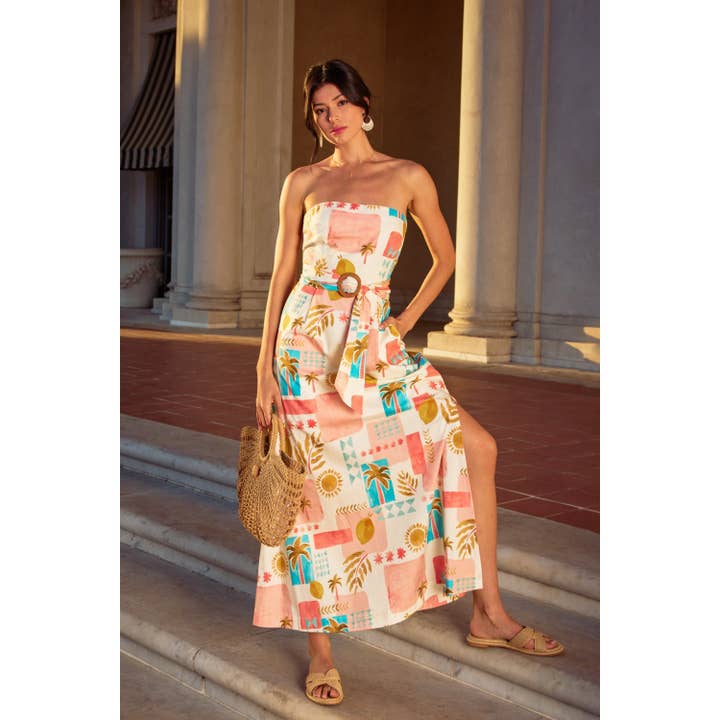 AMALFI COAST Moroccan Spring Rattan Belt Strapless Maxi Dress for wholesale on Faire