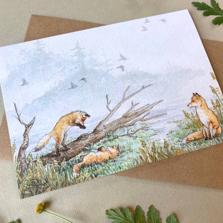 Lucinda Rowe Art - Wholesale Everyday Greeting Card - Playing Foxes in the Fog Greeting Card1