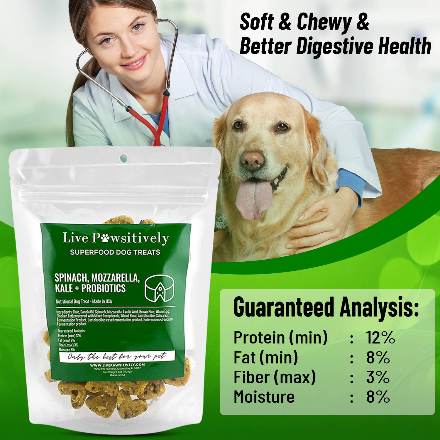 Live Pawsitive - Wholesale Pet Treats - Dog - Spinach, Mozzarella, Kale & Probiotics (soft dog treat)2