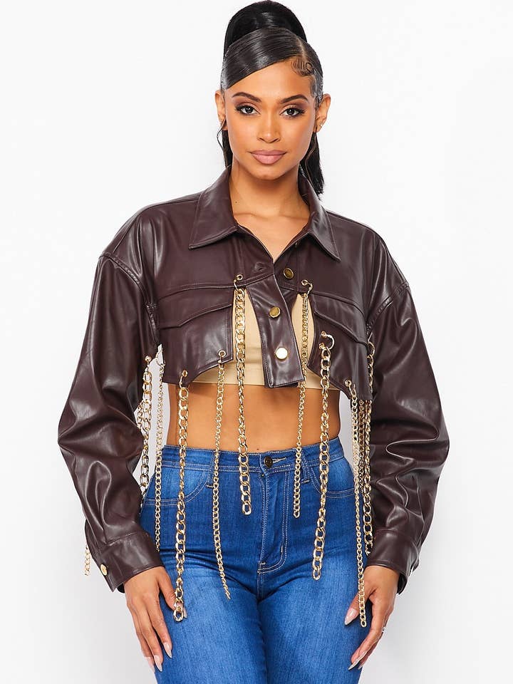 Biker Chic Faux Leather Chain Accent Crop Jacket for wholesale by Hot & Delicious