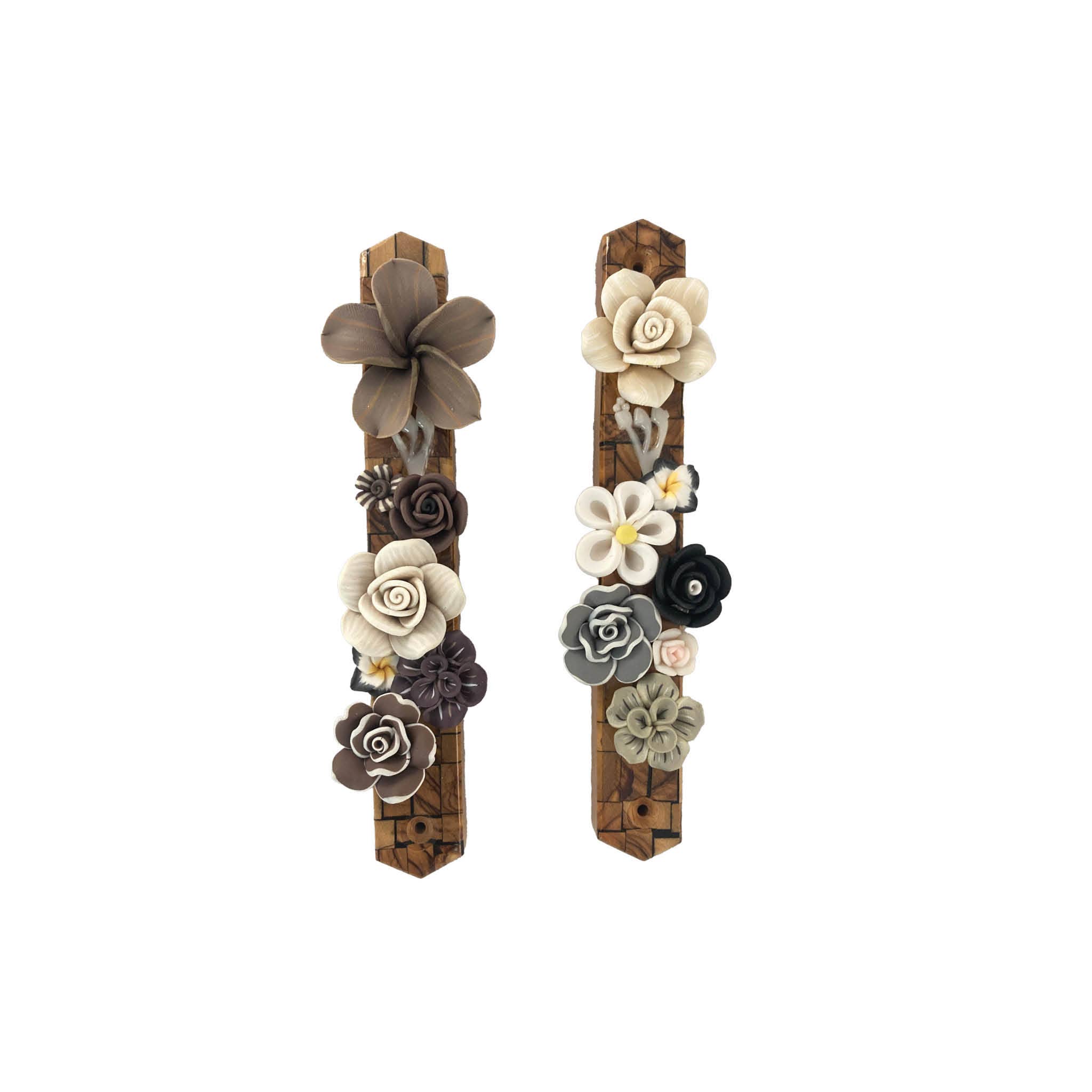 Eclectic Judaica - Wholesale Decorative Tabletop Object - Olive Wood Mezuzah with Flowers0