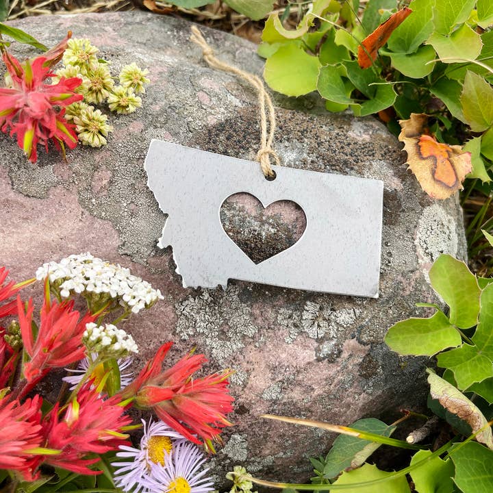Montana State Raw Steel Metal Ornament with Heart for wholesale by BE Creations & Designs, Inc.