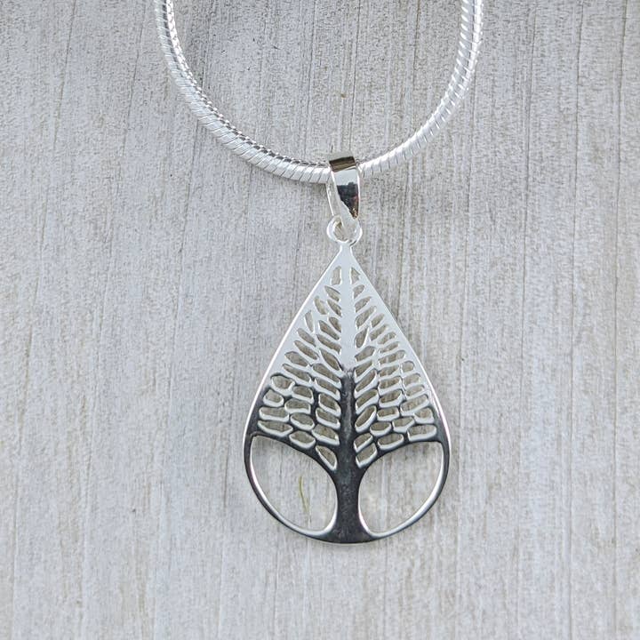 The Green Gecko - Wholesale Pendant/Charm Necklace - Tree in Teardrop Pendant in Sterling Silver