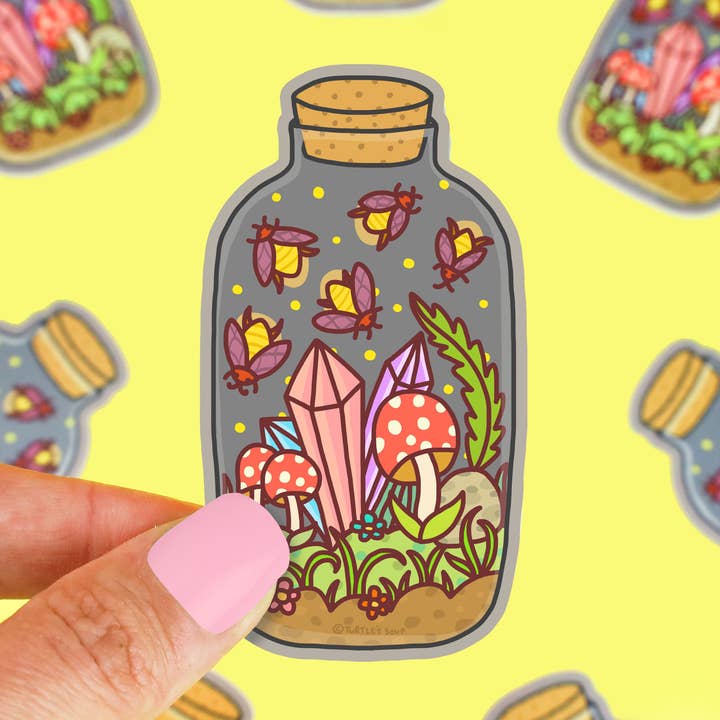 Firefly Terrarium Mushroom Water Bottle Vinyl Sticker for wholesale by Turtle's Soup