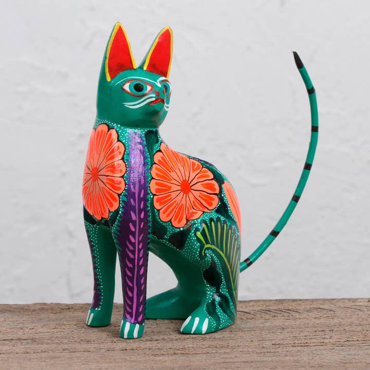 NOVICA - Wholesale Decorative Figurine - Novica Handmade Floral Feline Wood Alebrije Figurine2