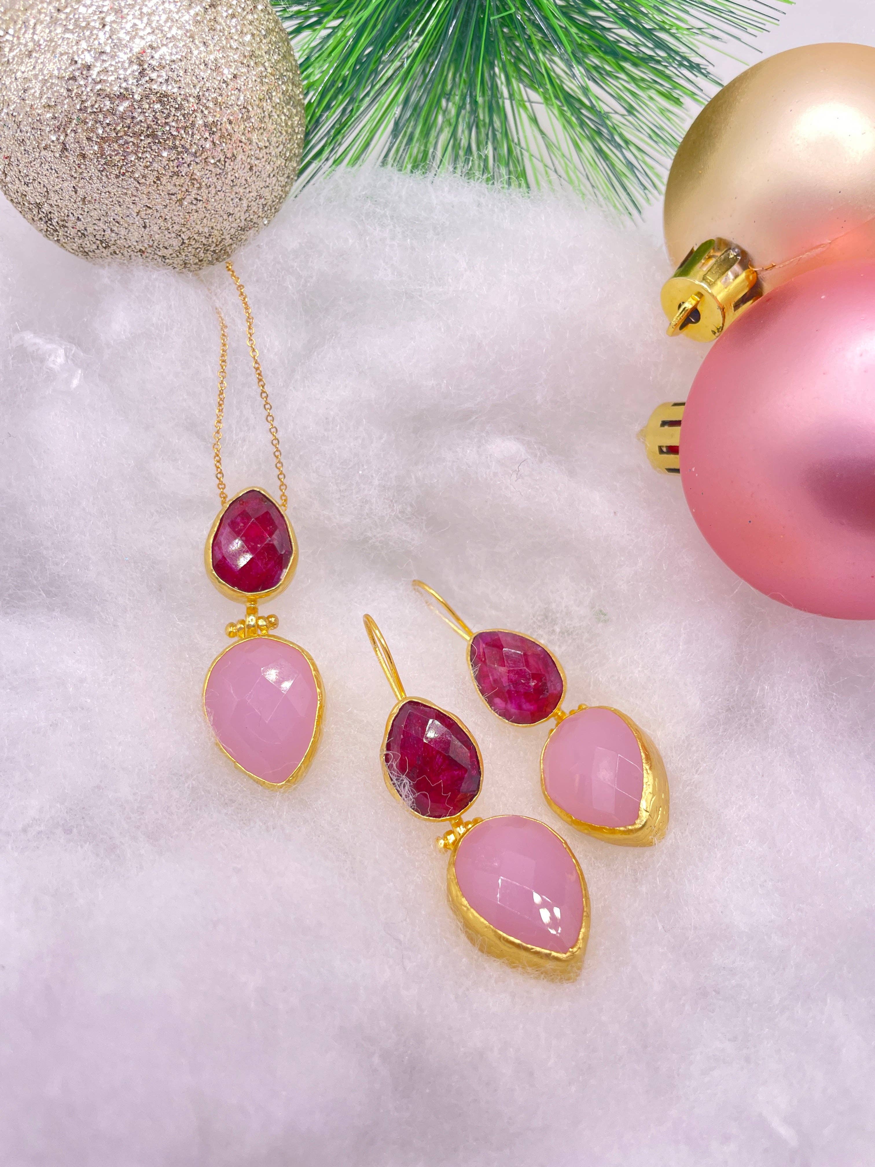 Kipepeo - Wholesale Dangle Earrings - Ruby and Rose Quartz Double Stone Earring1