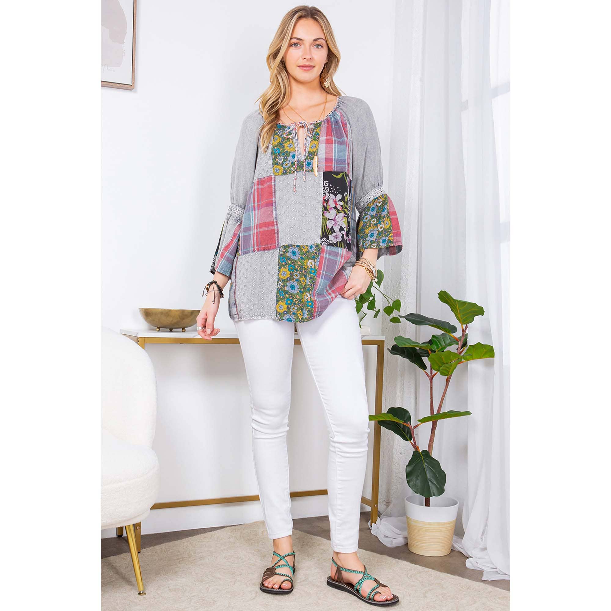 Young Threads - Wholesale Tunic - Women's - Peasant Top with Print Checks Patchwork (New Color)14