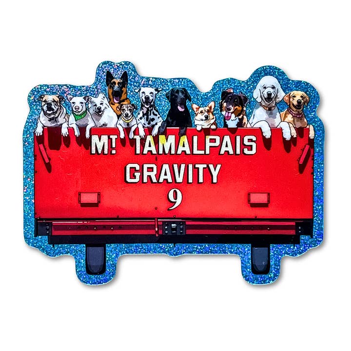 Dogs in Gravity Train Mill Valley Sparkle Vinyl Sticker for wholesale by Surprise Inside Art