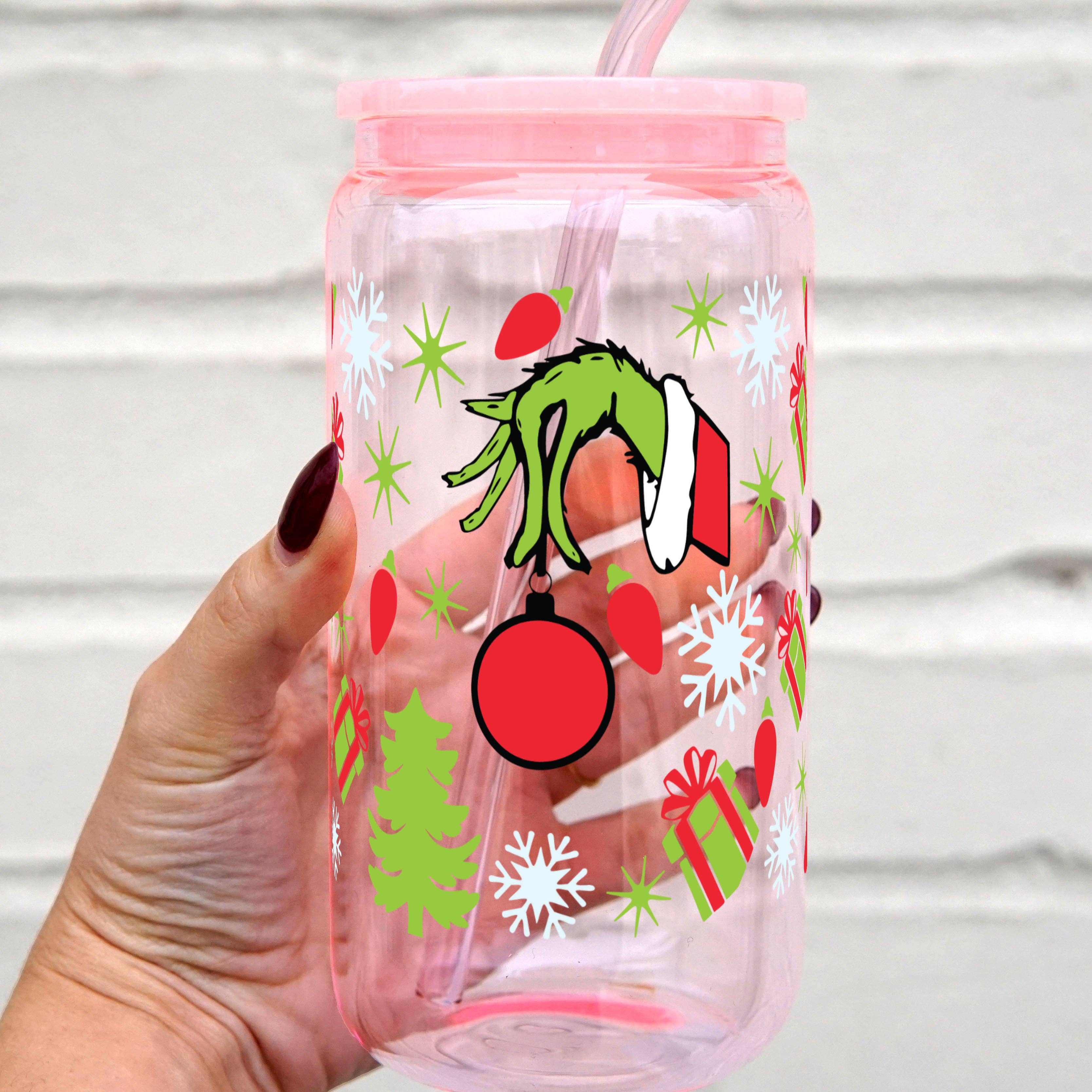 Sip-Sip Hooray! - Wholesale Drinking Glass/Cup - Christmas Hand With Ornament Glass Can Cup With Lid and Straw2