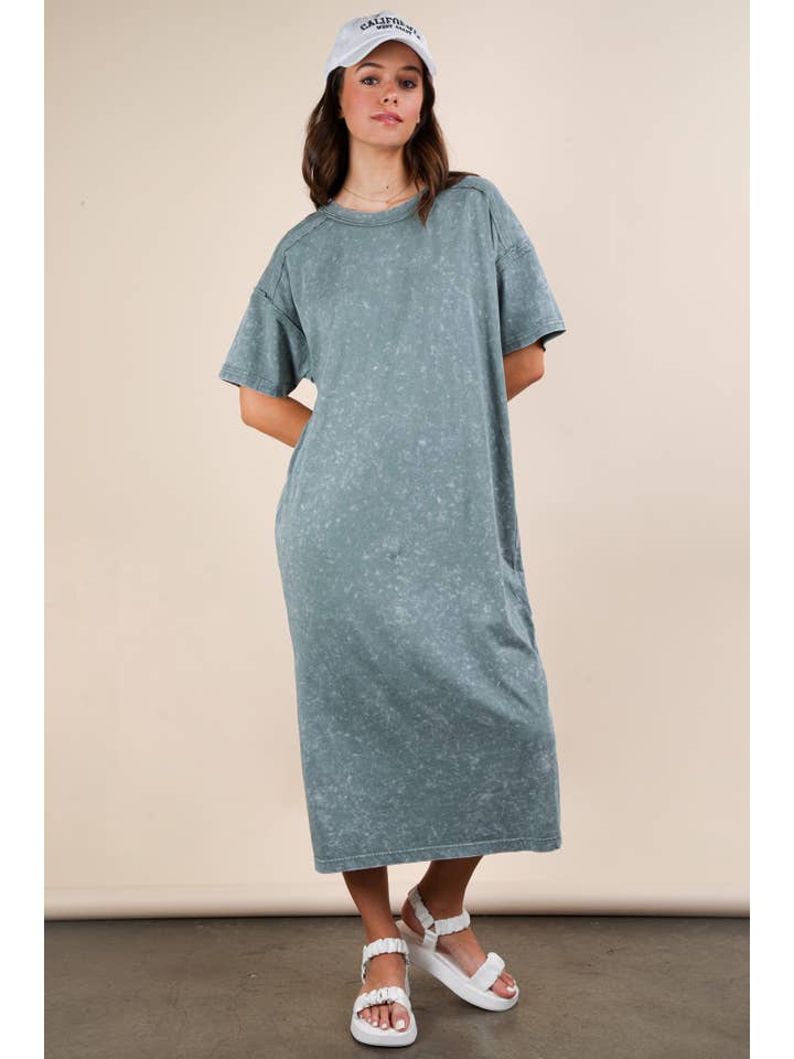 VERY J - Wholesale Dress - Women's - ND31601-Mineral Washed Casual Comfy Midi Dress
