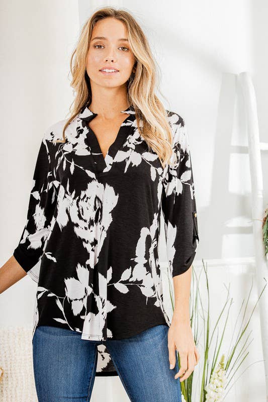 HEIMISH – wholesale Tunic – Women’s – ST1002-67 3/4 BUTTON SLEEVE MANDARIN COLLAR  NECK FLORAL TOP10