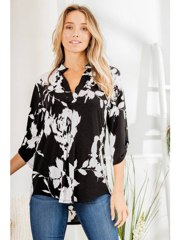 HEIMISH – wholesale Tunic – Women’s – ST1002-67 3/4 BUTTON SLEEVE MANDARIN COLLAR NECK FLORAL TOP10