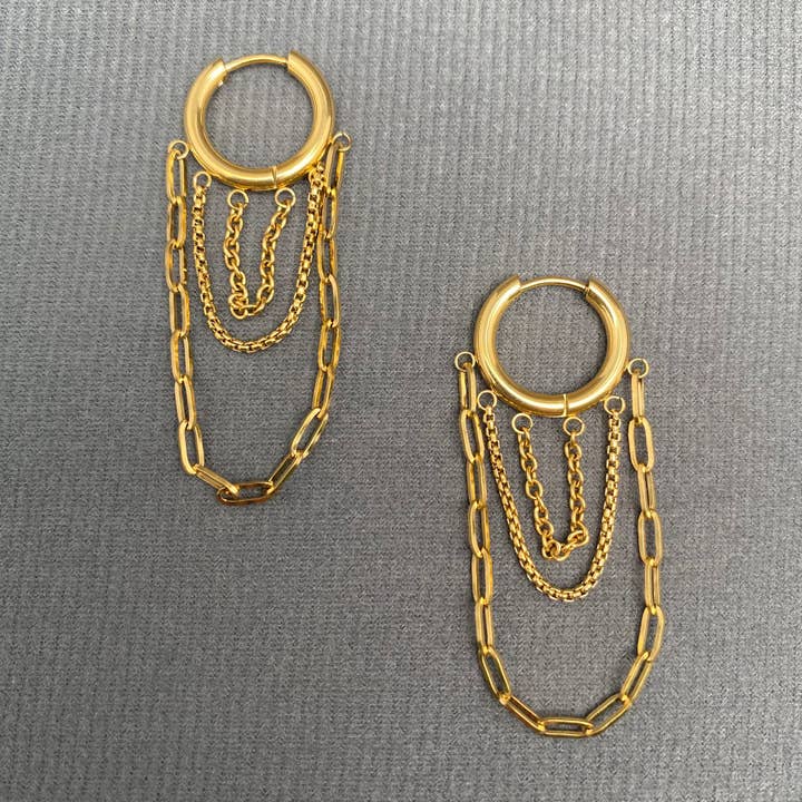 Mio Queena - Wholesale Huggie Earrings - Chain Fringe 18K Gold Plated S.Steel Huggie Earrings - FGS1