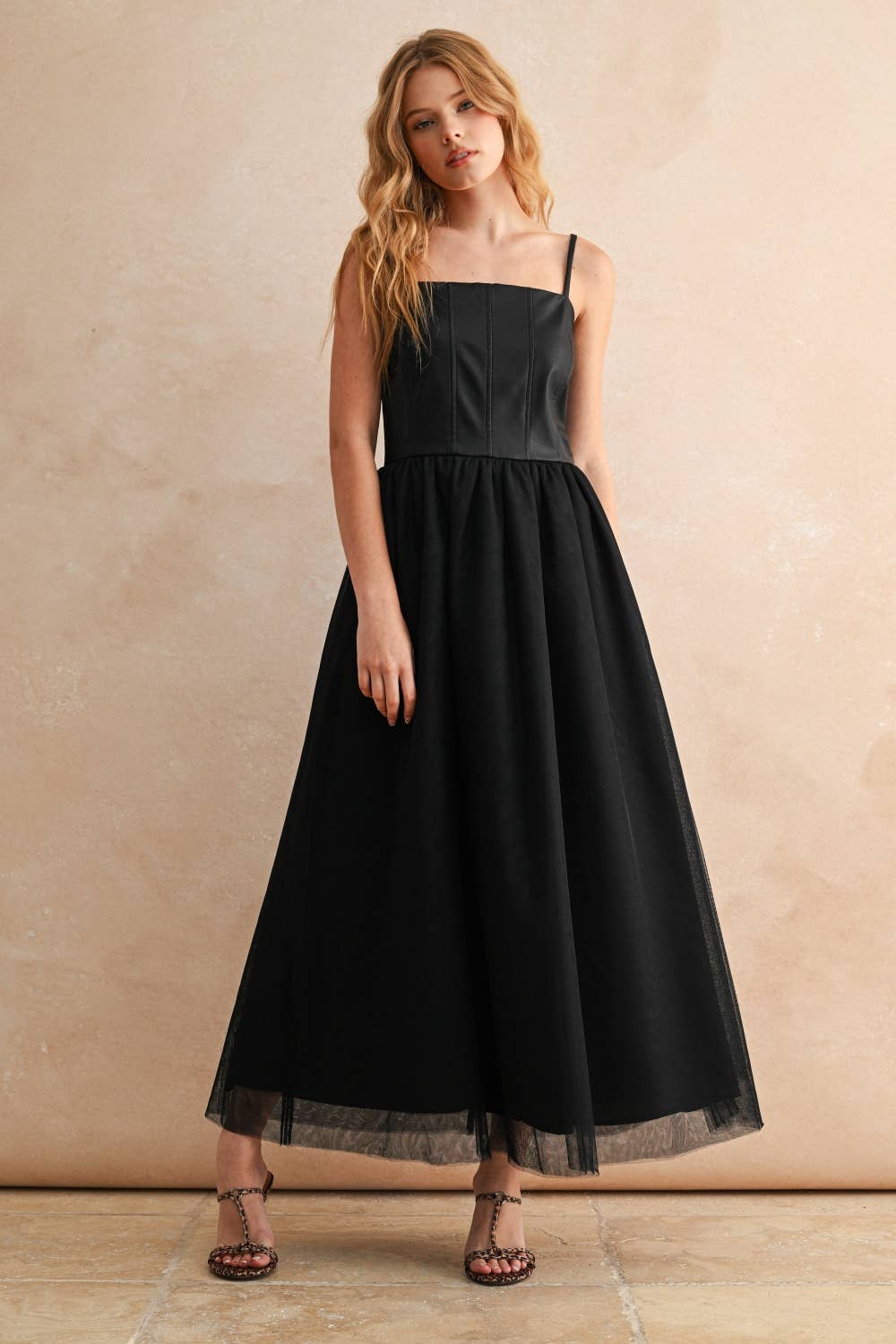 MIOU MUSE - Wholesale Dress - Women's - D5110   MESHED SKIRT WITH PU LONG DRESS0