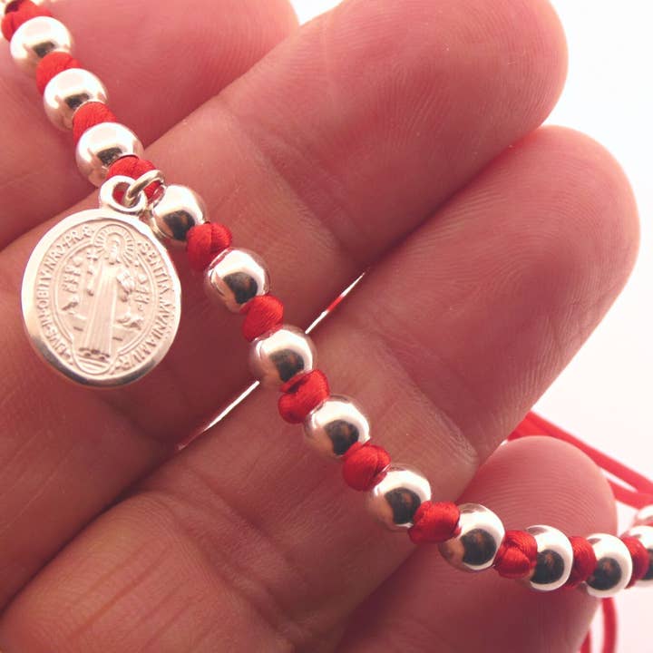 Guadalupe Gifts - Wholesale Charm/dangle bracelet - Silver St Benedict Medal Red String Bracelet 7.5-inch1