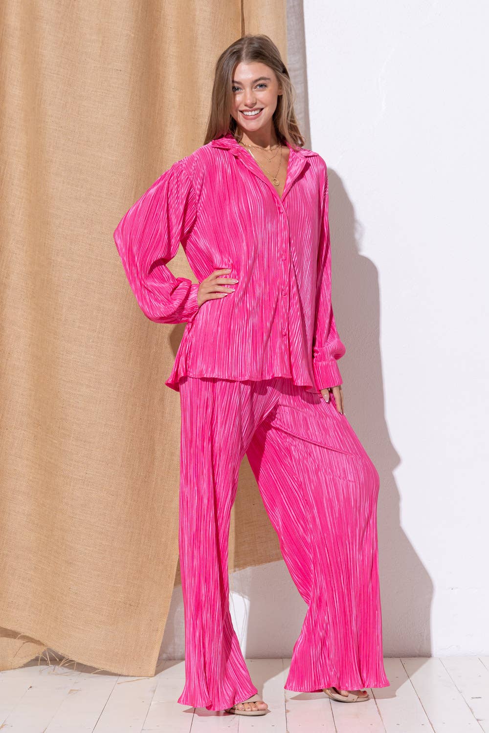 Blue B – wholesale Lounge set – Women's – 32108SET - Accordion Pleat Button Blouse Pant Lounge Set14