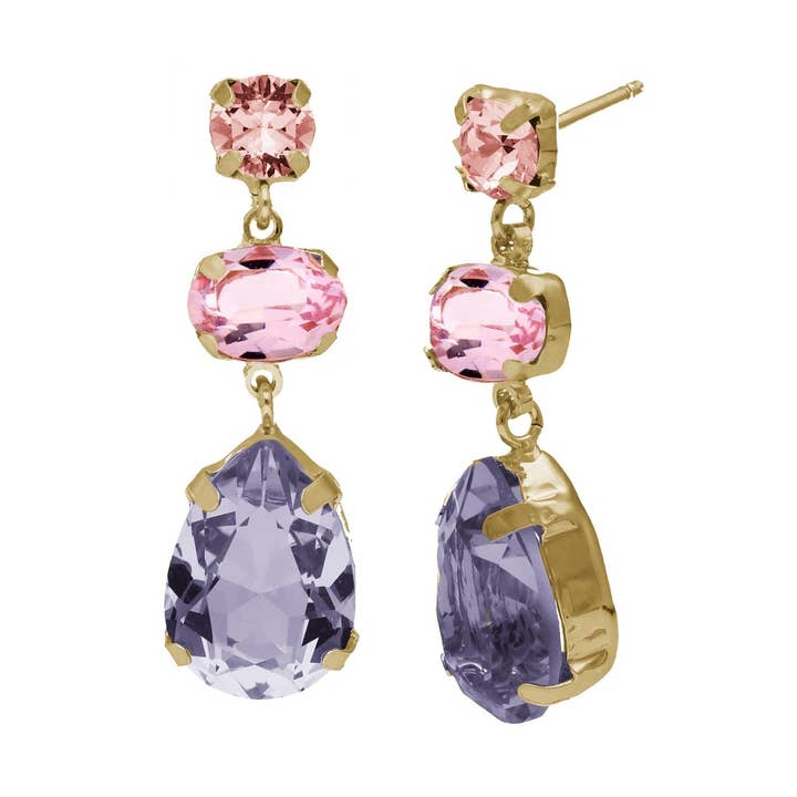 Lange tåreformede krystaløreringe i sølv med guldbelægning for engroshandel hos Victoria Cruz