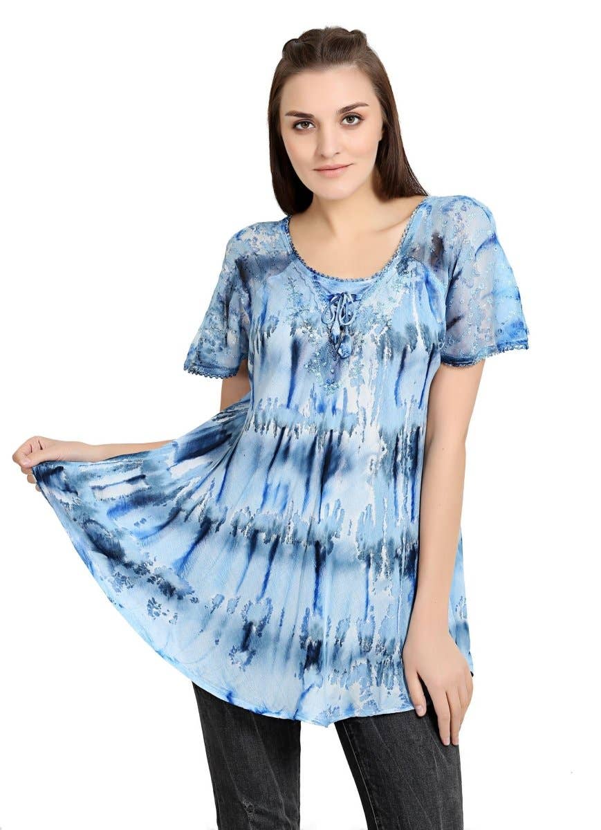 Advance Apparels - Wholesale Tunic - Women's - Waterfall Tie Dye Cap Sleeve Blouse 1920711