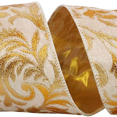 Velvet Florence Wired Edge, White/gold, 4 In, 5 Yards for wholesale by RELIANT RIBBON