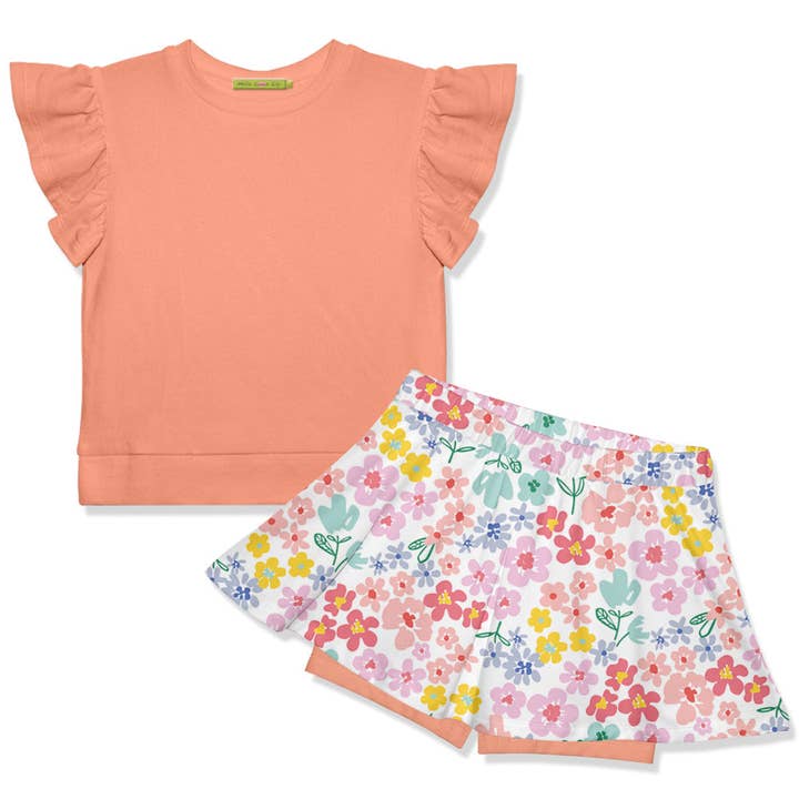 Kids Coral Fr Terry Top & Midtone Floral Skort for wholesale by Millie Loves Lily