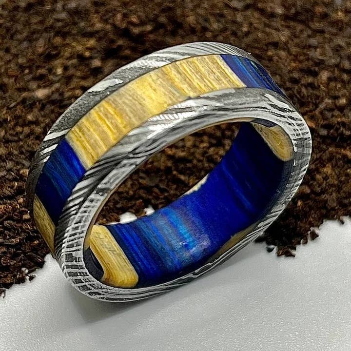 Damascus Steel Ring Lined with Wide Wood Sleeve for wholesale by RustyStudioUSA