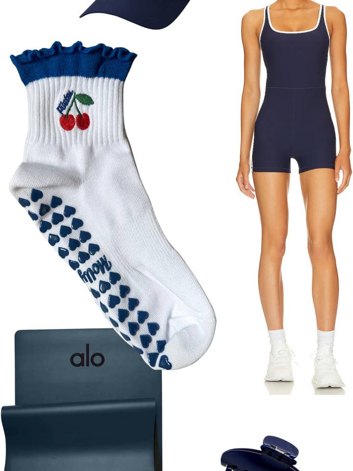 MollyGraceGripSocks - Wholesale Socks - Women's - "Dark blue "Pilates" cherry grip sock"