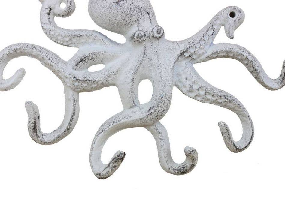 Hampton Nautical - Wholesale Wall Hook - Rustic Whitewashed Cast Iron Octopus Hook 11"1